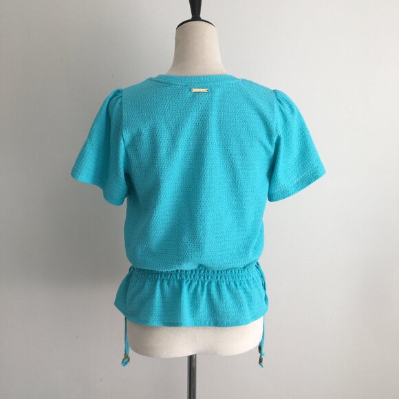 MICHAEL KORS Turquoise Blue Textured Gold Logo Hardware Drawstring Waist Shirt - Picture 9 of 11
